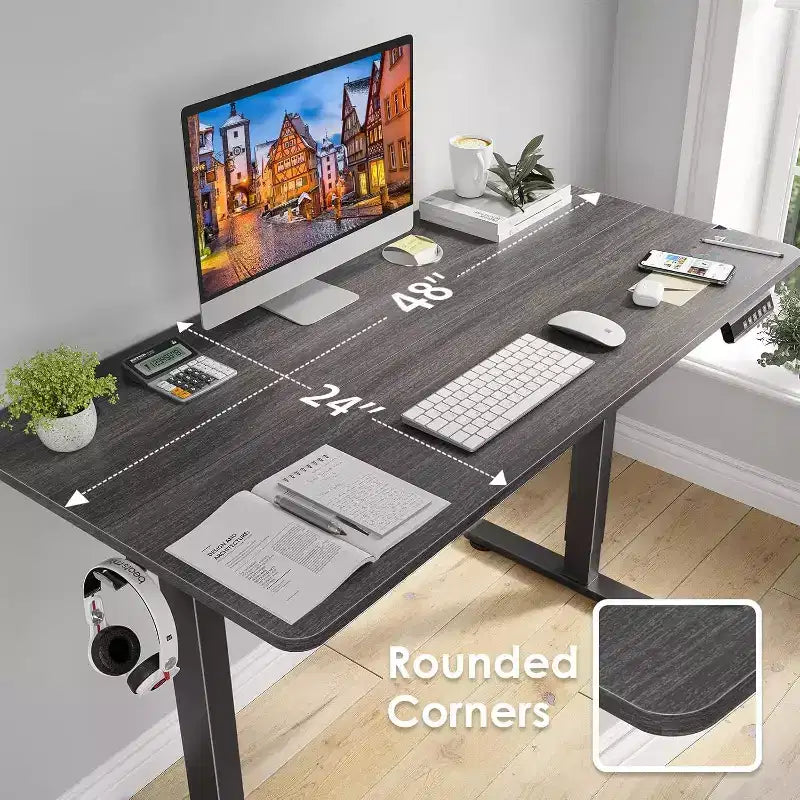 PexFix Bureau assis-debout électrique 48 x 24 avec plateau en noyer, réglable en hauteur, pour bureau à domicile, avec plateau épissé
