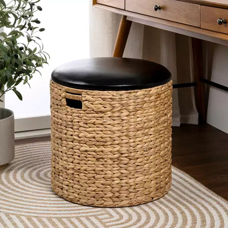 happimess Josie 18 Pouf de rangement côtier moderne en jacinthe tissée à la main avec couvercle
