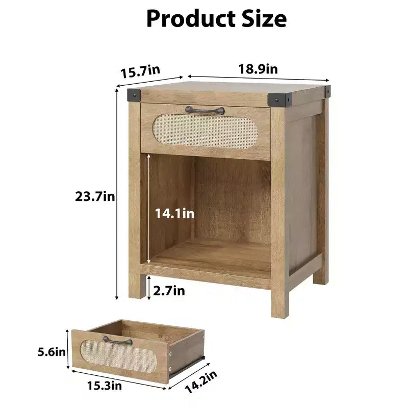 Table de chevet avec tiroir, Table de chevet moderne du milieu du siècle avec accents en rotin bohème et fer forgé, Rangement compact pour chambre à coucher