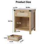 Table de chevet avec tiroir, Table de chevet moderne du milieu du siècle avec accents en rotin bohème et fer forgé, Rangement compact pour chambre à coucher