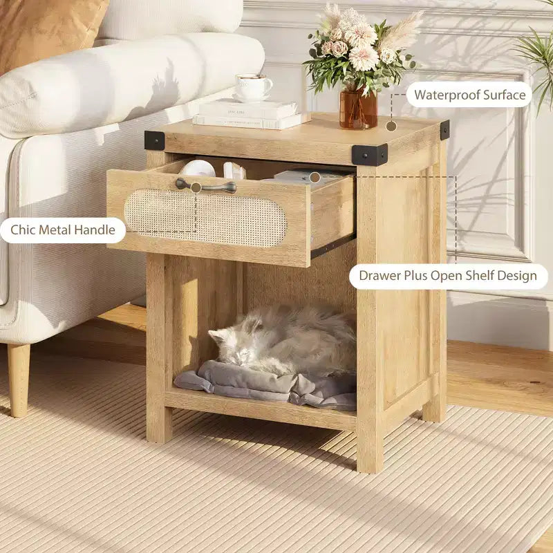 Table de chevet avec tiroir, Table de chevet moderne du milieu du siècle avec accents en rotin bohème et fer forgé, Rangement compact pour chambre à coucher