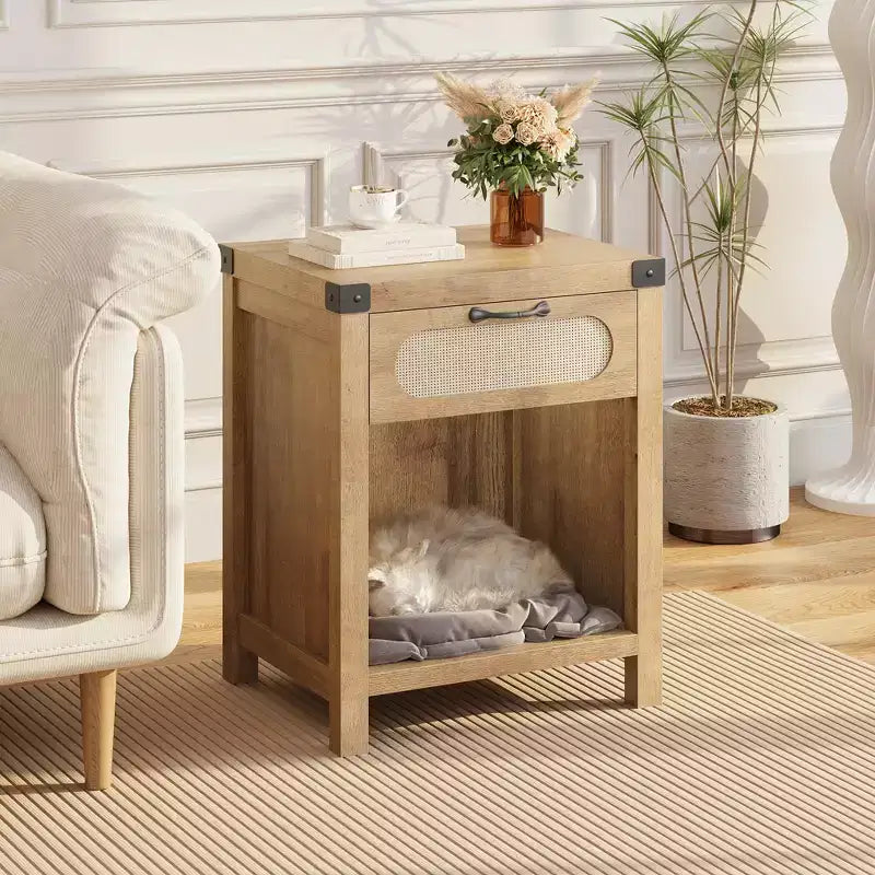 Table de chevet avec tiroir, Table de chevet moderne du milieu du siècle avec accents en rotin bohème et fer forgé, Rangement compact pour chambre à coucher