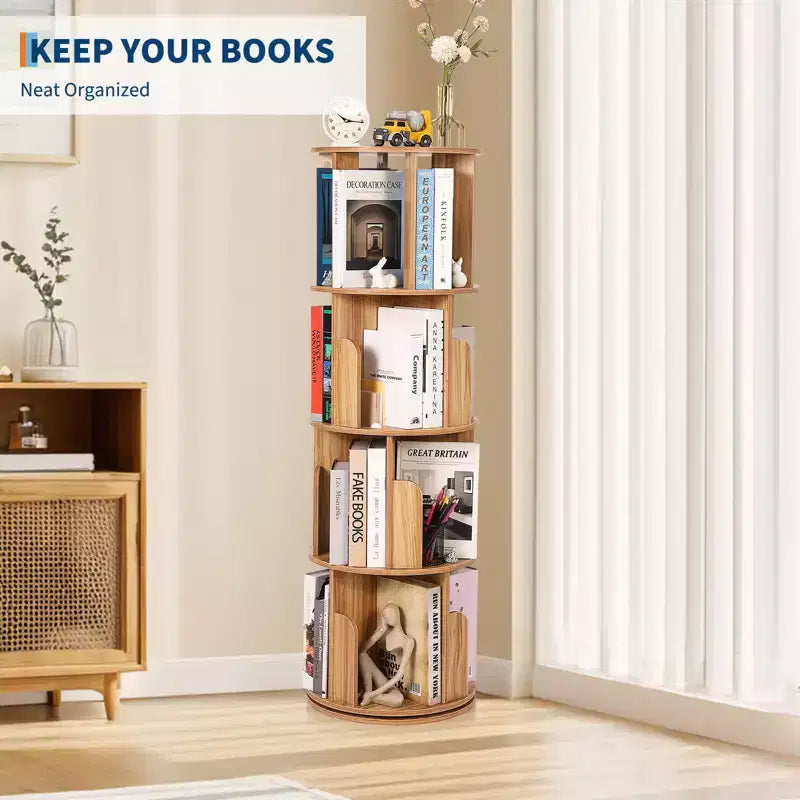 Étagère à Livres Rotative Zstar à 4 Niveaux, Bibliothèque d'Angle Compacte pour Petits Espaces, Organisateur de Rangement en Bois Rotatif à 360° pour Chambre à Coucher, Salon