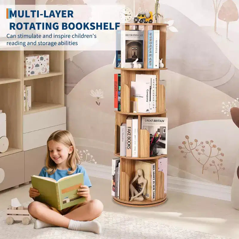 Étagère à Livres Rotative Zstar à 4 Niveaux, Bibliothèque d'Angle Compacte pour Petits Espaces, Organisateur de Rangement en Bois Rotatif à 360° pour Chambre à Coucher, Salon