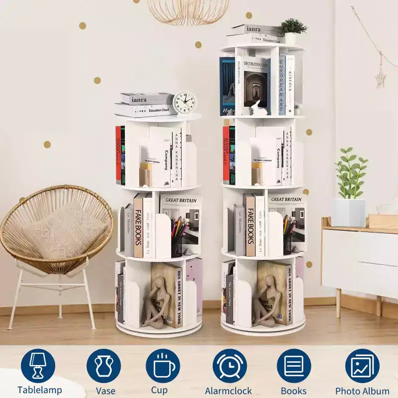 Étagère à Livres Rotative Zstar à 4 Niveaux, Bibliothèque d'Angle Compacte pour Petits Espaces, Organisateur de Rangement en Bois Rotatif à 360° pour Chambre à Coucher, Salon