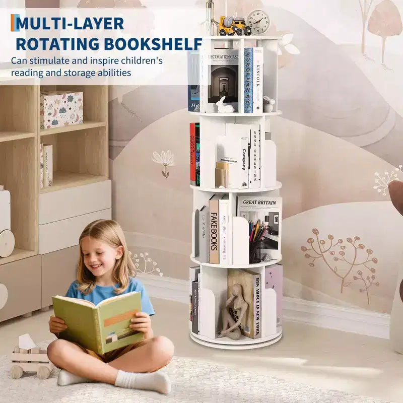 Étagère à Livres Rotative Zstar à 4 Niveaux, Bibliothèque d'Angle Compacte pour Petits Espaces, Organisateur de Rangement en Bois Rotatif à 360° pour Chambre à Coucher, Salon