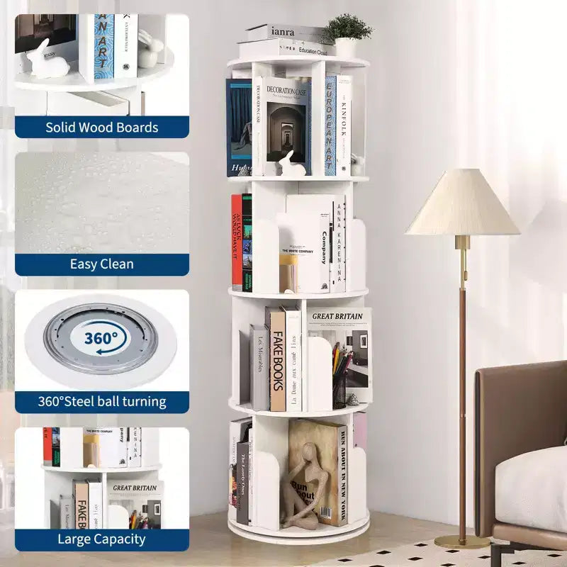 Étagère à Livres Rotative Zstar à 4 Niveaux, Bibliothèque d'Angle Compacte pour Petits Espaces, Organisateur de Rangement en Bois Rotatif à 360° pour Chambre à Coucher, Salon