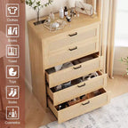 Grande commode en rotin avec 5 tiroirs, commode de rangement spacieuse en bois avec plateau large, commode moderne