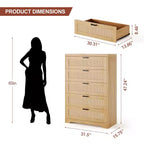 Grande commode en rotin avec 5 tiroirs, commode de rangement spacieuse en bois avec plateau large, commode moderne