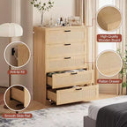 Grande commode en rotin avec 5 tiroirs, commode de rangement spacieuse en bois avec plateau large, commode moderne