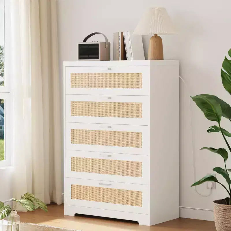 Grande commode en rotin avec 5 tiroirs, commode de rangement spacieuse en bois avec plateau large, commode moderne