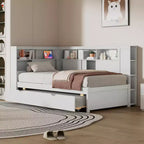 Lit de repos double en bois Whisen avec étagères de rangement et lit gigogne