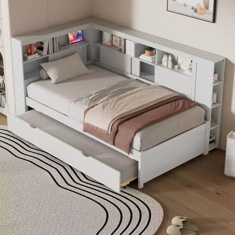 Lit de repos double en bois Whisen avec étagères de rangement et lit gigogne