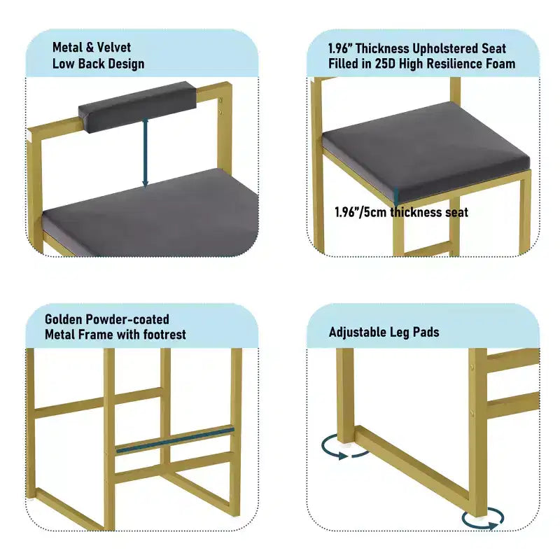 MAYEERTY Lot de 2 Tabourets de Bar Hauteur Comptoir avec Dossier Repose-pieds Velours Rembourré pour Îlot de Cuisine Or Gris