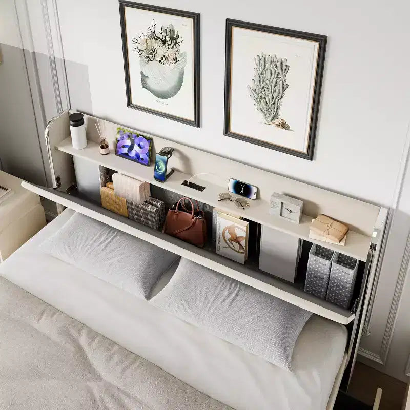 Lit double avec 4 tiroirs de rangement, cadre de lit plateforme rembourré en velours, support à lattes en bois, pas besoin de sommier, supporte 450 kg, beige