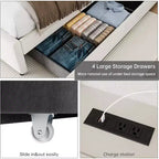 Lit double avec 4 tiroirs de rangement, cadre de lit plateforme rembourré en velours, support à lattes en bois, pas besoin de sommier, supporte 450 kg, beige