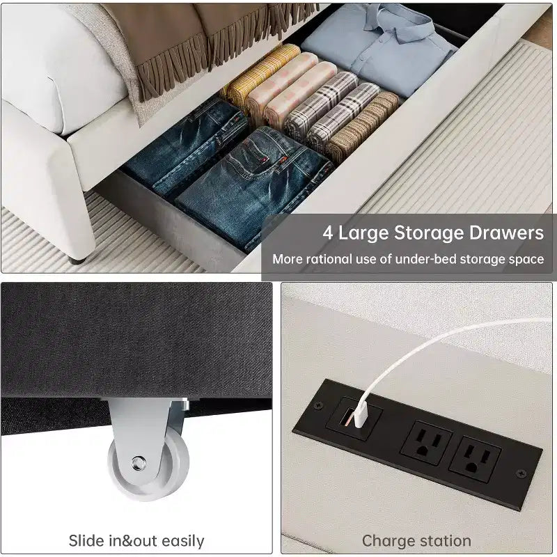 Lit double avec 4 tiroirs de rangement, cadre de lit plateforme rembourré en velours, support à lattes en bois, pas besoin de sommier, supporte 450 kg, beige