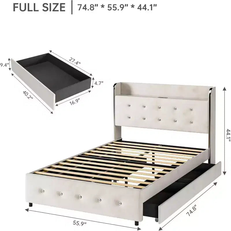 Lit double avec 4 tiroirs de rangement, cadre de lit plateforme rembourré en velours, support à lattes en bois, pas besoin de sommier, supporte 450 kg, beige