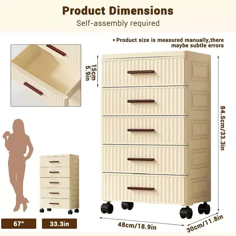 Meuble de rangement à 5 tiroirs en plastique sur roulettes, Commode haute, Tiroirs de rangement coulissants pour Chambre, Salon, Entrée, Couloir