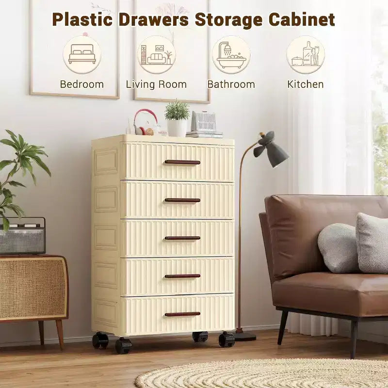 Meuble de rangement à 5 tiroirs en plastique sur roulettes, Commode haute, Tiroirs de rangement coulissants pour Chambre, Salon, Entrée, Couloir