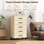 Meuble de rangement à 5 tiroirs en plastique sur roulettes, Commode haute, Tiroirs de rangement coulissants pour Chambre, Salon, Entrée, Couloir
