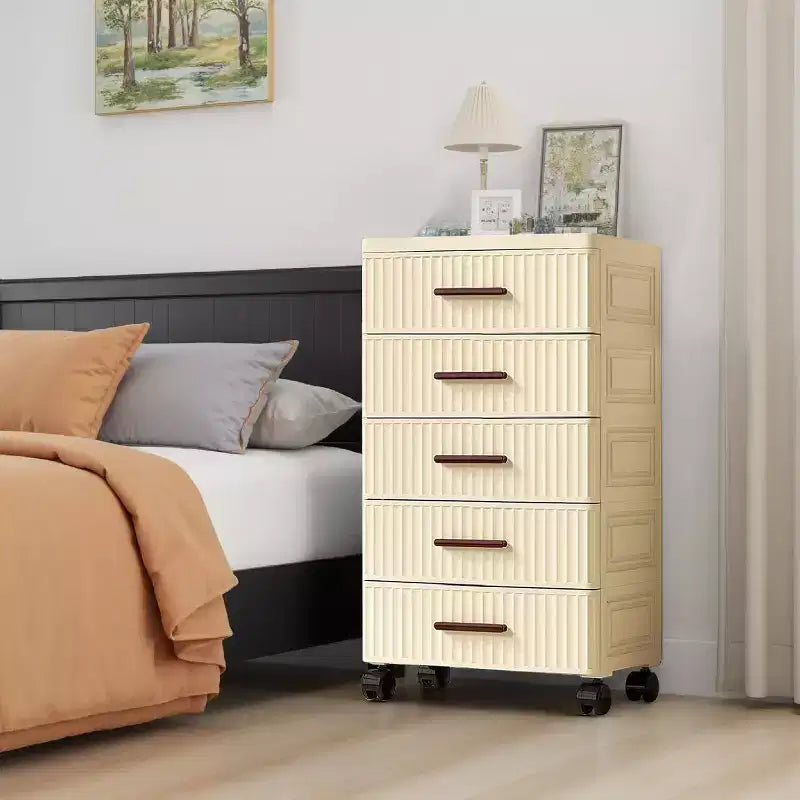 Meuble de rangement à 5 tiroirs en plastique sur roulettes, Commode haute, Tiroirs de rangement coulissants pour Chambre, Salon, Entrée, Couloir