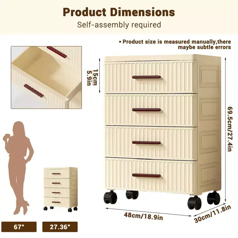 Meuble de rangement à 5 tiroirs en plastique sur roulettes, Commode haute, Tiroirs de rangement coulissants pour Chambre, Salon, Entrée, Couloir