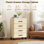 Meuble de rangement à 5 tiroirs en plastique sur roulettes, Commode haute, Tiroirs de rangement coulissants pour Chambre, Salon, Entrée, Couloir