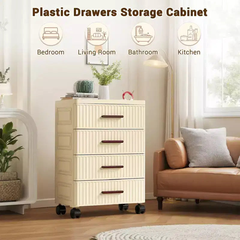 Meuble de rangement à 5 tiroirs en plastique sur roulettes, Commode haute, Tiroirs de rangement coulissants pour Chambre, Salon, Entrée, Couloir