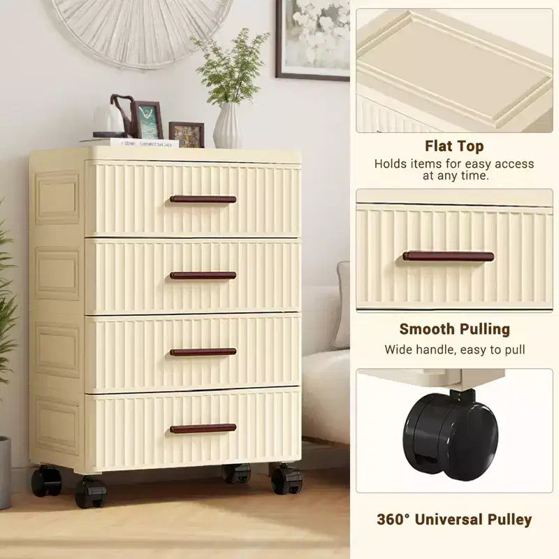Meuble de rangement à 5 tiroirs en plastique sur roulettes, Commode haute, Tiroirs de rangement coulissants pour Chambre, Salon, Entrée, Couloir