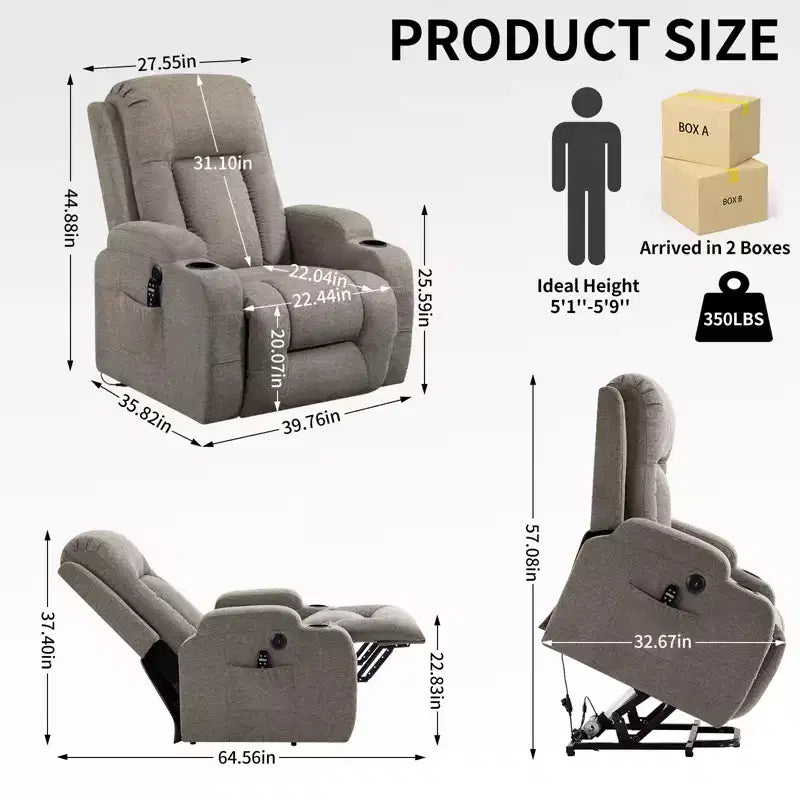 Fauteuil inclinable releveur CLIHOME, supporte jusqu'à 158 kg, mécanisme de mouvement robuste avec massage par vibration en 8 points et chauffage lombaire