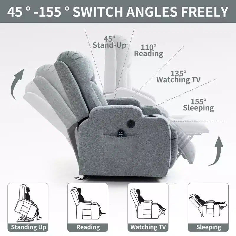 Fauteuil inclinable releveur CLIHOME, supporte jusqu'à 158 kg, mécanisme de mouvement robuste avec massage par vibration en 8 points et chauffage lombaire