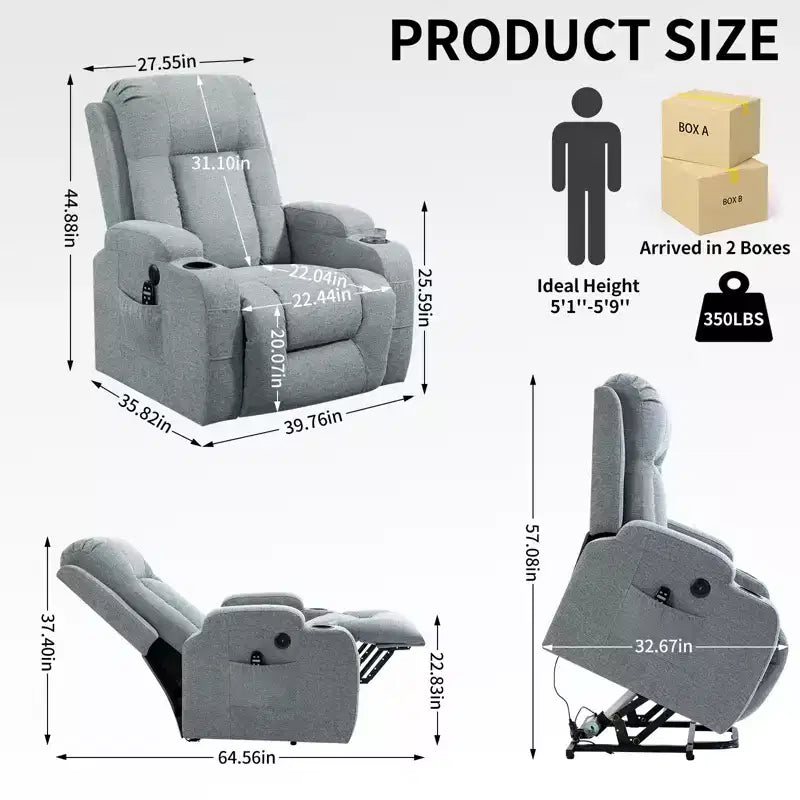 Fauteuil inclinable releveur CLIHOME, supporte jusqu'à 158 kg, mécanisme de mouvement robuste avec massage par vibration en 8 points et chauffage lombaire