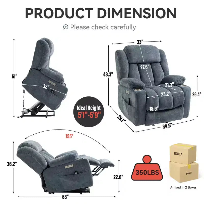 Fauteuil inclinable releveur électrique CLIHOME en chenille, mécanisme robuste avec massage vibratoire 8 points et chauffage lombaire, ports USB et Type-C