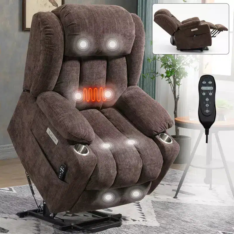 Fauteuil inclinable releveur électrique CLIHOME en chenille, mécanisme robuste avec massage vibratoire 8 points et chauffage lombaire, ports USB et Type-C