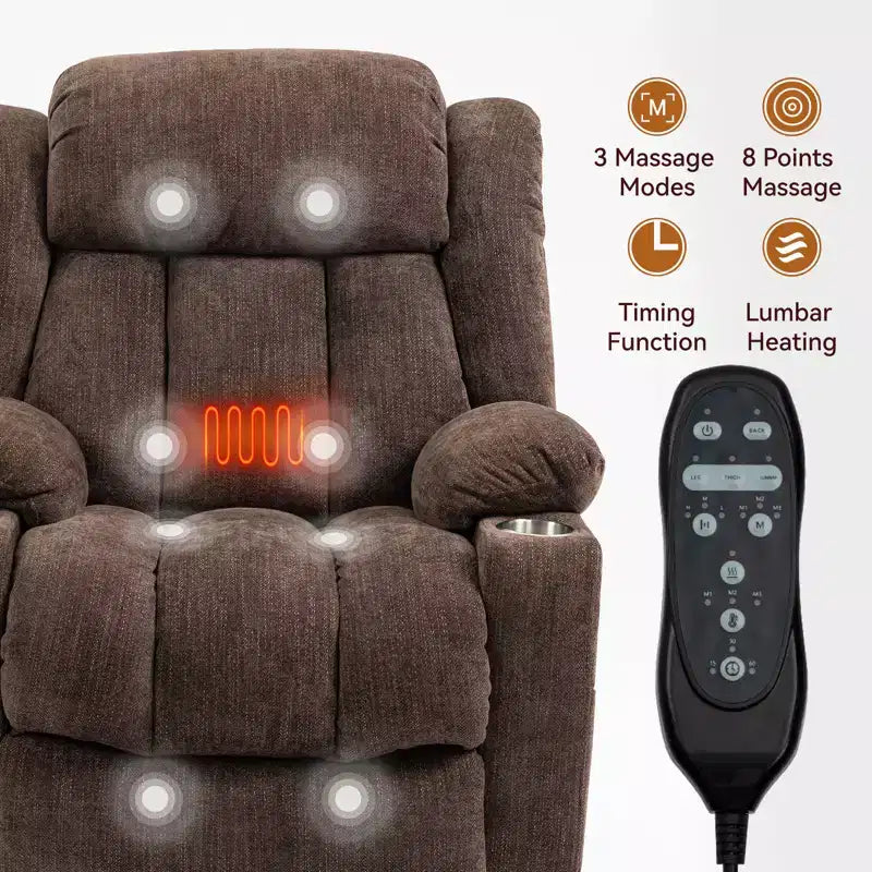 Fauteuil inclinable releveur électrique CLIHOME en chenille, mécanisme robuste avec massage vibratoire 8 points et chauffage lombaire, ports USB et Type-C