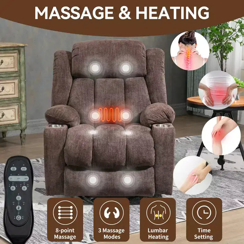 Fauteuil inclinable releveur électrique CLIHOME en chenille, mécanisme robuste avec massage vibratoire 8 points et chauffage lombaire, ports USB et Type-C