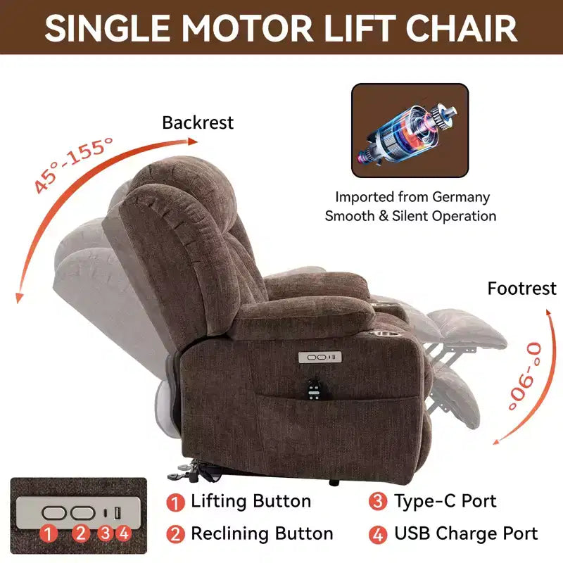 Fauteuil inclinable releveur électrique CLIHOME en chenille, mécanisme robuste avec massage vibratoire 8 points et chauffage lombaire, ports USB et Type-C
