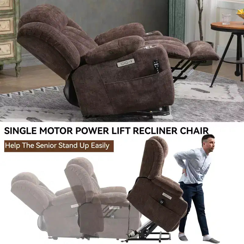 Fauteuil inclinable releveur électrique CLIHOME en chenille, mécanisme robuste avec massage vibratoire 8 points et chauffage lombaire, ports USB et Type-C