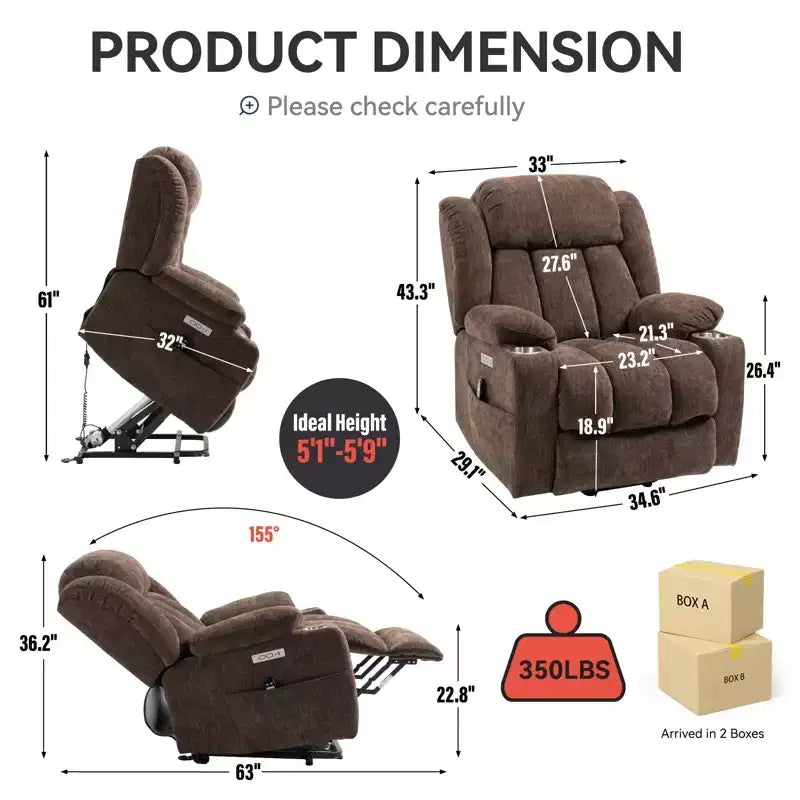 Fauteuil inclinable releveur électrique CLIHOME en chenille, mécanisme robuste avec massage vibratoire 8 points et chauffage lombaire, ports USB et Type-C