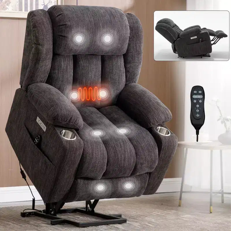 Fauteuil inclinable releveur électrique CLIHOME en chenille, mécanisme robuste avec massage vibratoire 8 points et chauffage lombaire, ports USB et Type-C
