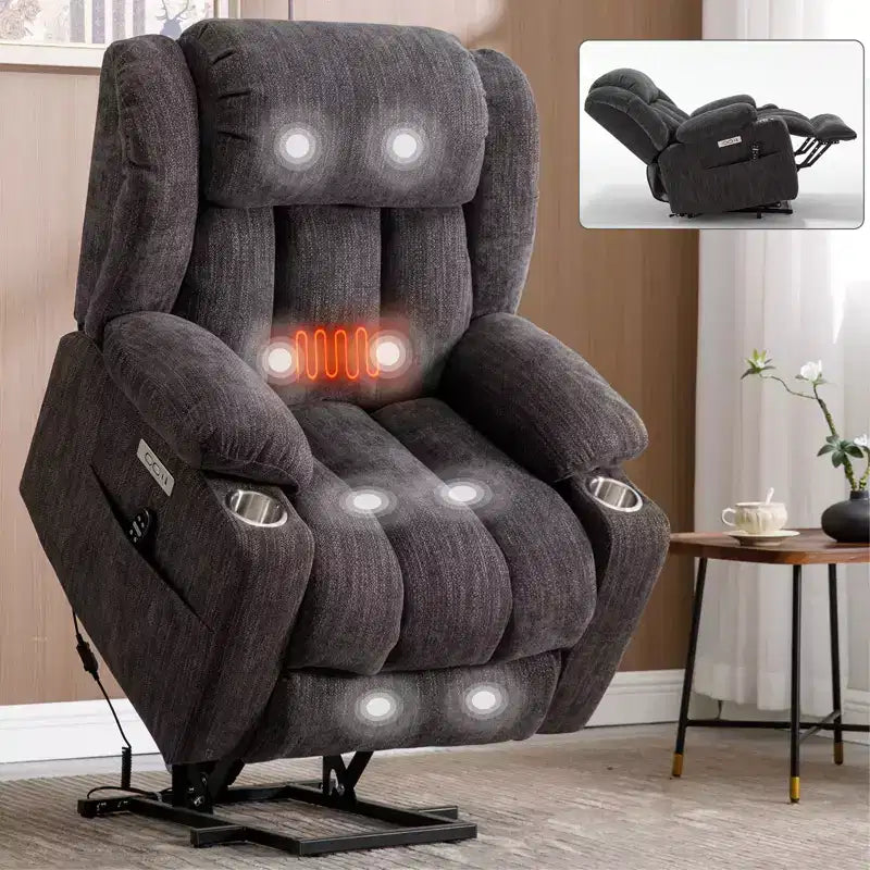 Fauteuil inclinable releveur électrique CLIHOME en chenille, mécanisme robuste avec massage vibratoire 8 points et chauffage lombaire, ports USB et Type-C