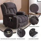 Fauteuil inclinable releveur électrique CLIHOME en chenille, mécanisme robuste avec massage vibratoire 8 points et chauffage lombaire, ports USB et Type-C