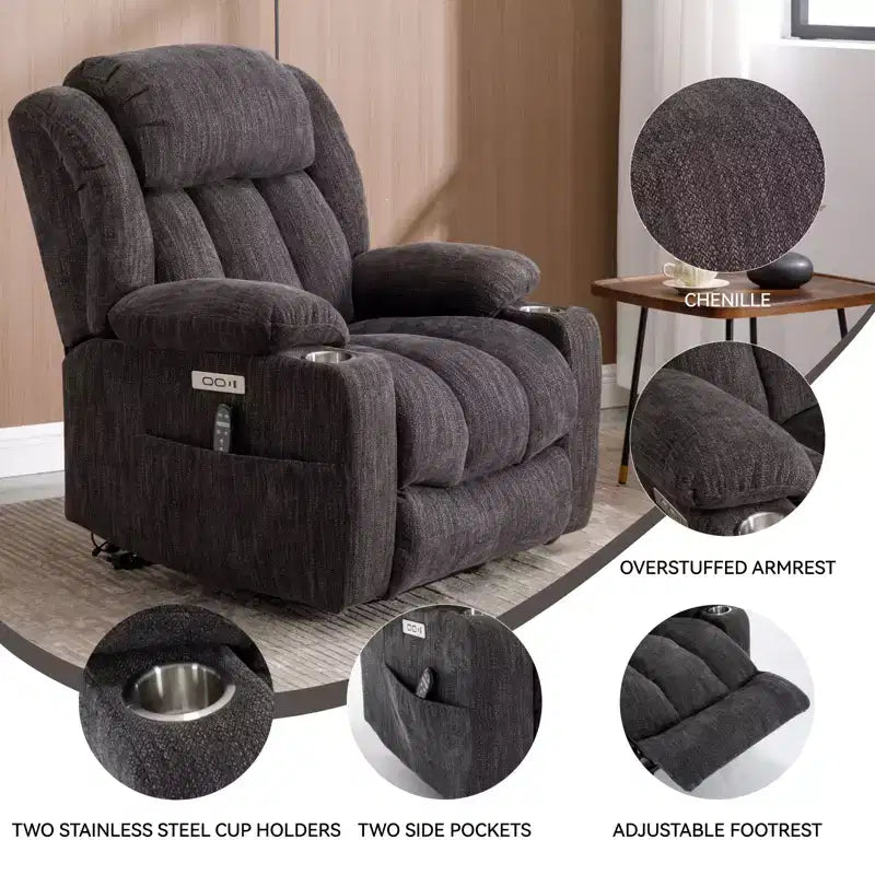 Fauteuil inclinable releveur électrique CLIHOME en chenille, mécanisme robuste avec massage vibratoire 8 points et chauffage lombaire, ports USB et Type-C