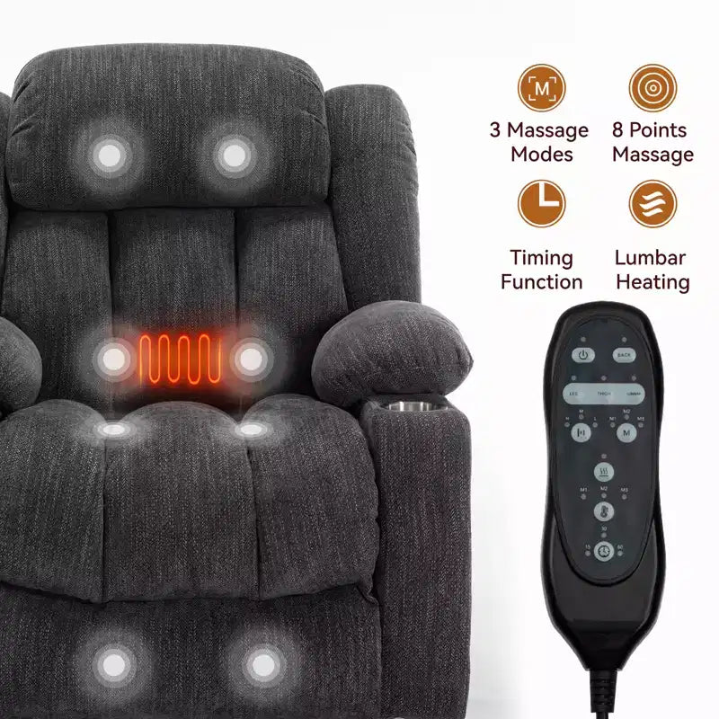 Fauteuil inclinable releveur électrique CLIHOME en chenille, mécanisme robuste avec massage vibratoire 8 points et chauffage lombaire, ports USB et Type-C