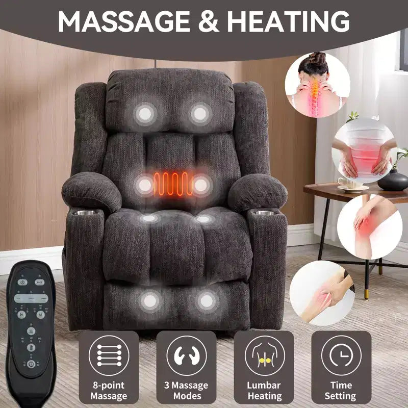 Fauteuil inclinable releveur électrique CLIHOME en chenille, mécanisme robuste avec massage vibratoire 8 points et chauffage lombaire, ports USB et Type-C