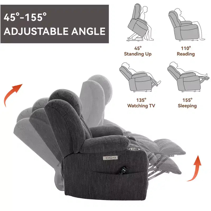 Fauteuil inclinable releveur électrique CLIHOME en chenille, mécanisme robuste avec massage vibratoire 8 points et chauffage lombaire, ports USB et Type-C