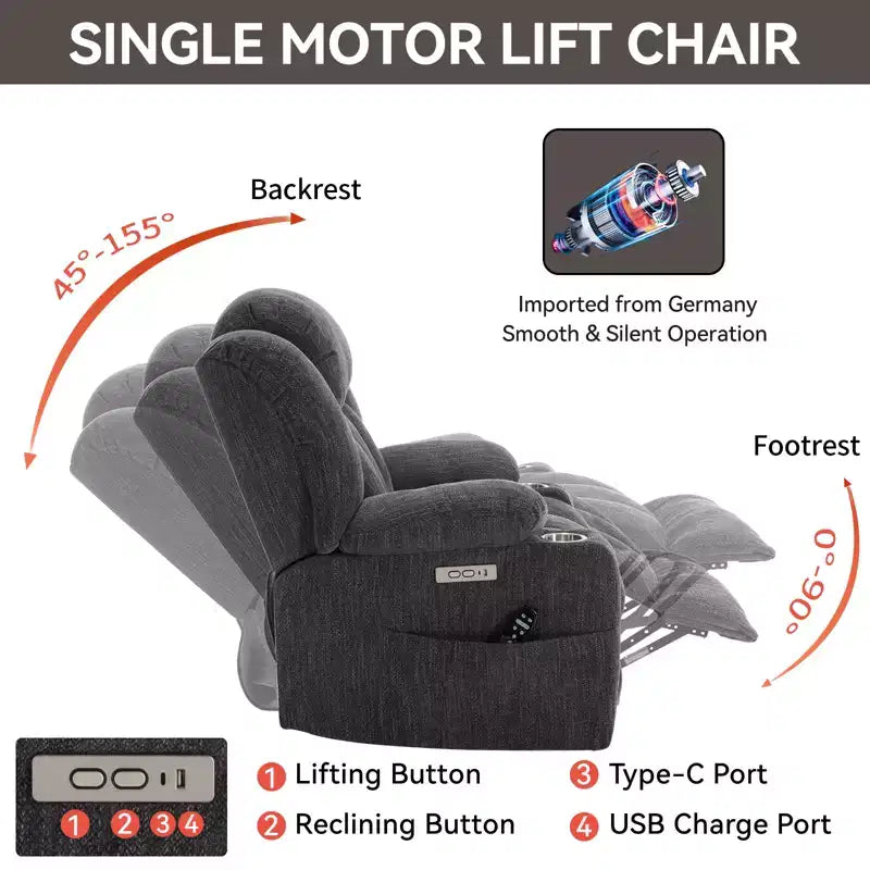 Fauteuil inclinable releveur électrique CLIHOME en chenille, mécanisme robuste avec massage vibratoire 8 points et chauffage lombaire, ports USB et Type-C