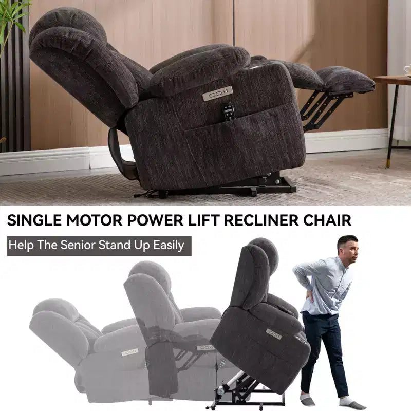 Fauteuil inclinable releveur électrique CLIHOME en chenille, mécanisme robuste avec massage vibratoire 8 points et chauffage lombaire, ports USB et Type-C