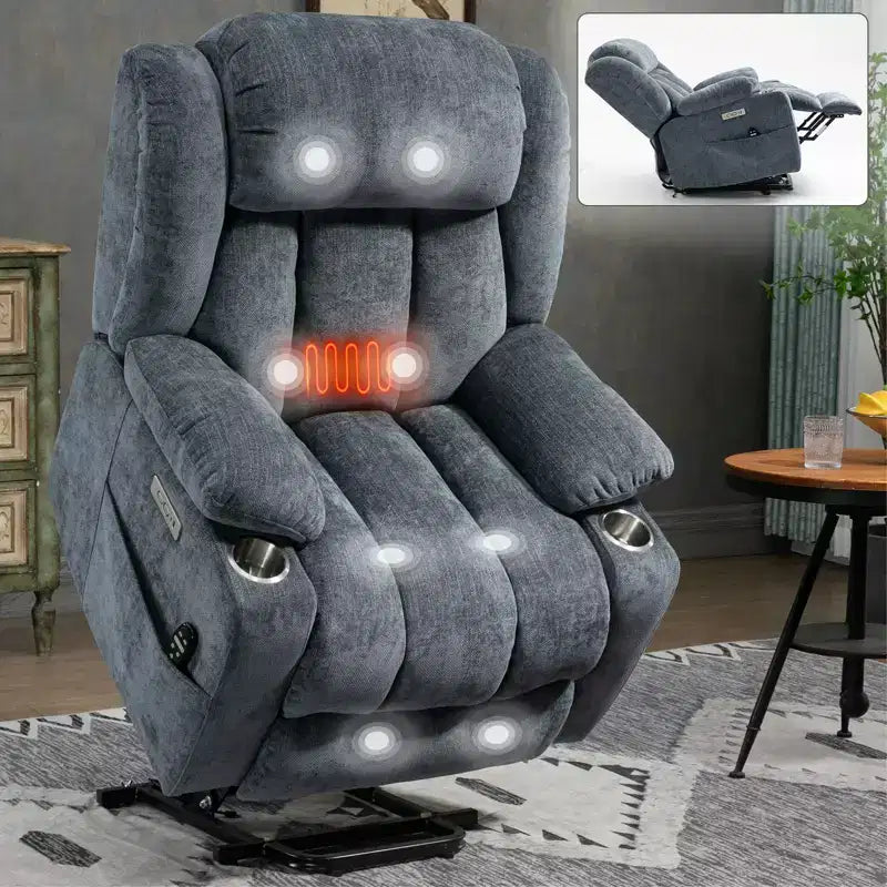 Fauteuil inclinable releveur électrique CLIHOME en chenille, mécanisme robuste avec massage vibratoire 8 points et chauffage lombaire, ports USB et Type-C